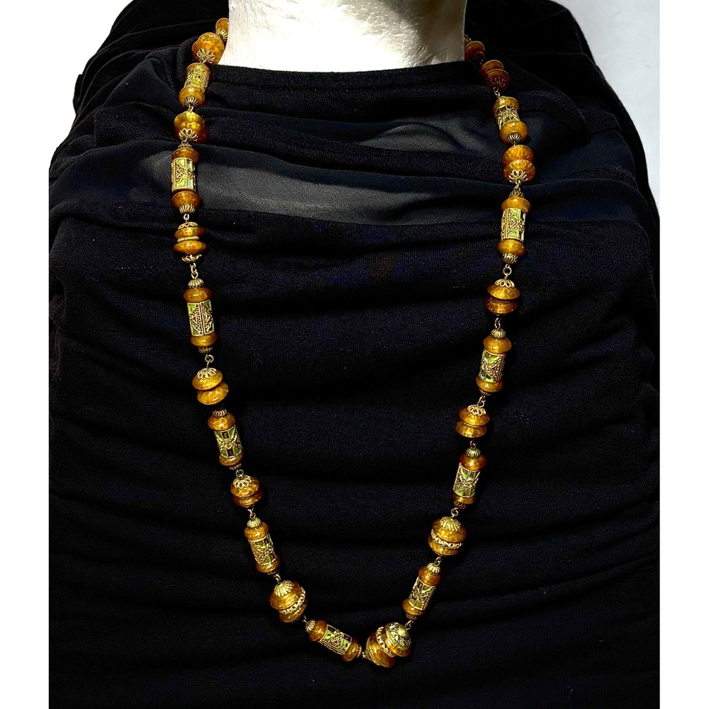 Art Deco Czech Uranium Glass Bead Necklace Honey Brass Filigree Enamel Strand